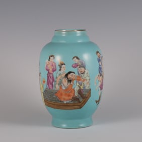 QING QIANLONG PINE STONE GREEN GROUND PINK ENAMEL NOMAD CARNIVAL JAR