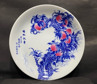 WANG BU'S BLUE-AND-WHITE DOU CAI HAND PAINTED PEACH OFFERING LONGEVITY LARGE PLATE, EXQUISITE