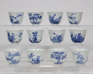 QING KANGXI BLUE AND WHITE CUP OF TWELVE FLOWER GODS