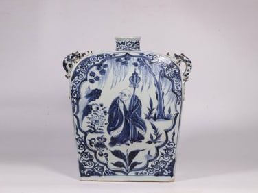 YUAN DYNASTY BLUE AND WHITE PORCELAIN FIGURE AND AUSPICIOUS BEAST FOUR-HANDLED SQUARE POT