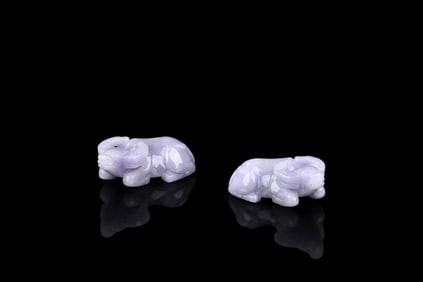PAIR OF LAVENDER JADE CARVED 'WATER BUFFALO' FIGURES