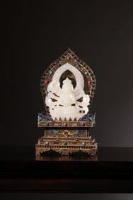 QING DYNASTY GILT COPPER INLAID WITH TREASURES BUDDHA NICHE WITH HETIAN JADE SIX-ARMED GUANYIN