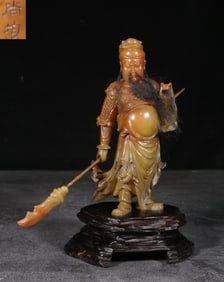 SHANGJUN STYLE SHOUSHAN FURONG STONE HAND-CARVED GUAN GONG STANDING STATUE