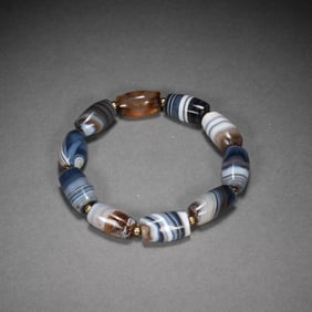 QING DYNASTY OLD SILK-WRAPPED AGATE BRACELET