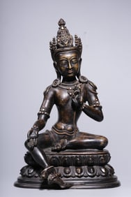 QING DYNASTY ALLOY COPPER SILVER-INLAID SEATED GUANYIN