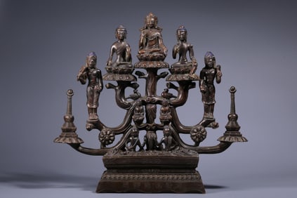 QING DYNASTY "QING EMPEROR QIANLONG IMPERIALLY MADE" ALLOY COPPER FIVE-SIDED BUDDHA TREE