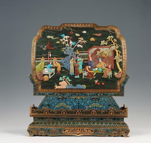 QING DYNASTY ENAMEL JASPER INLAID WITH TREASURES AND STORY SCREEN