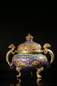QING DYNASTY "QIANLONG YEAR" STYLE COPPER BODY CLOISONNE ENAMEL DOUBLE DRAGON EAR ANIMAL FOOT