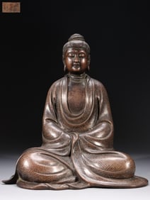QING. SHISOU STYLE COPPER INLAID SILVER THREAD SHAKYAMUNI SEATED STATUE