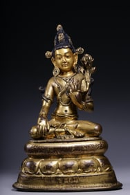 QING DYNASTY BRONZE GILT LOTUS SEATED GUANYIN