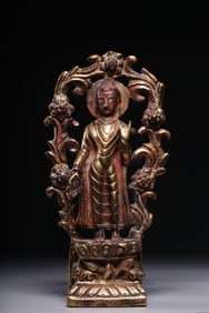 QING DYNASTY GILT COPPER CINNABAR VAIROCANA BUDDHA STANDING STATUE