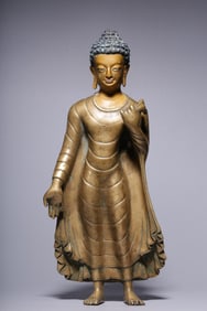 QING DYNASTY FACE MUD GOLD VAIROCANA BUDDHA BRONZE STANDING STATUE