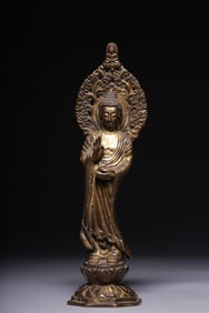 QING DYNASTY GILT COPPER TANG DYNASTY STYLE STANDING GUANYIN STATUE