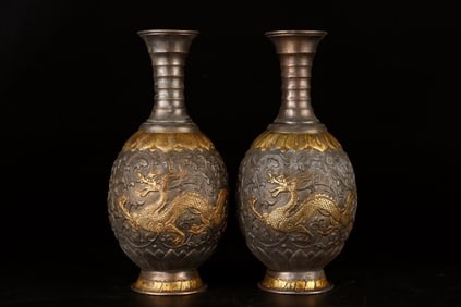 TANG DYNASTY PARTIALLY GILDED FLOWER VASE, PAIR WEIGHT 1291G