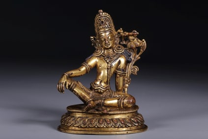 QING DYNASTY GILT COPPER FREE GUANYIN SEATED STATUE