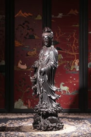 QING ROSEWOOD CARVED FISH BASKET GUANYIN STANDING STATUE ORIGINAL ROSEWOOD BASE