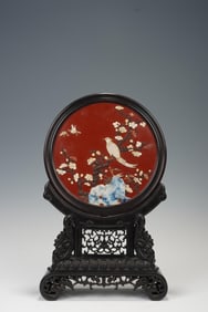 QING DYNASTY ROSEWOOD INLAID WITH VARIOUS TREASURES AND BIRD-AND-FLOWER SCREEN