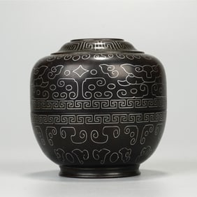 QING DYNASTY ROSEWOOD INLAID SILVER WIRE LID JAR