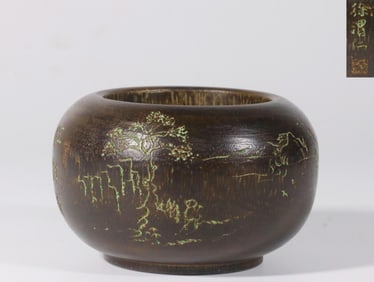 XU WEIREN STYLE AGARWOOD CARVED LANDSCAPE POETRY WATER POT