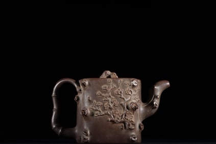 CHEN MINGYUAN, HANDMADE ZISHA TEAPOT FEATURING THE THREE FRIENDS OF PINE, BAMBOO, AND PLUM,