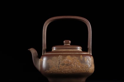 SHI JICHANG, HANDMADE MUD-PAINTED LANDSCAPE SQUARE ZISHA TEAPOT