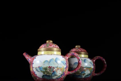 HANDMADE ENAMEL COLOR AND GOLD-EMBELLISHED DOUBLE-SIDED WINDOW LANDSCAPE LOTUS SEED ZISHA TEAPOT,