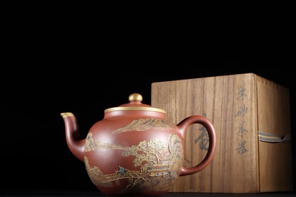 HANDMADE MUD-PAINTED AND GOLD-EMBELLISHED POETIC LANDSCAPE ROUND ZISHA TEAPOT