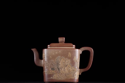 JIANG SHIYING, HANDMADE EXQUISITE MUD-PAINTED LANDSCAPE SQUARE ZISHA TEAPOT