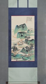 ZHANG DAQIAN SPRING MOUNTAIN CLOUD TEMPLE PAINTING HANGING SCROLL, FINE MOUNTING