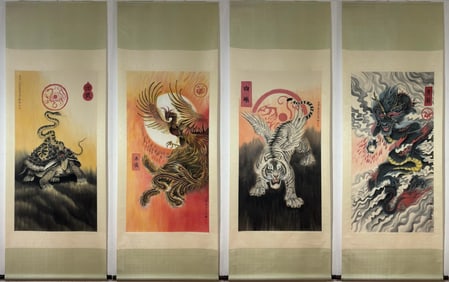 ZHANG DAQIAN, HAND PAINTING 'FOUR HOLLY ANIMALS' PAPER SCROLLS SET
