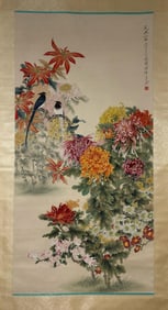 YU FEIYIN, HAND PAINTING 'BIRDS FLOWERS' PAPER SCROLL