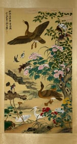 ZHANG DAQIAN, HAND PAINTING 'BIRDS FLOWERS' SILK SCROLL