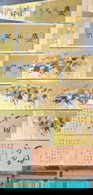 ZHANG DAQIAN, HAND PAINTING 'RUNNING HORSES' GOLD PAPER SCROLL, INSCRIPTIONS BY PU RU, XU BANGDA,