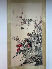 YAN BOLONG, HAND PAINTING 'BIRDS FLOWERS' PAPER SCROLL