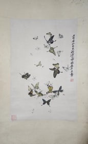 QI BAISHI, HAND PAINTING 'BUTTERFLIES' PAPER SCROLL