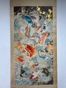 ZHANG DAQIAN, HAND PAINTING 'NINE-COLORED KOI' PAPER SCROLL