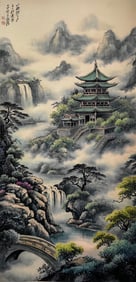 ZHANG DAQIAN, HAND PAINTING 'PENGLAI WONDERLAND' PAPER SCROLL