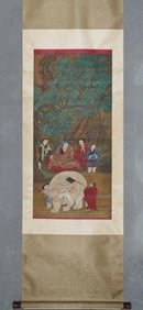 YAN LIBEN, OLD SILK PAINTING OF WASHING ELEPHANTS, HANGING SCROLL, FINE MOUNTING