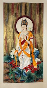 ZHANG DAQIAN, HAND PAINTING 'GUANYIN BUDDHA' PAPER SCROLL