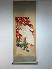 ZHOU YANSHENG, HAND PAINTING 'WHITE PEACOCK FLOWERS' PAPER SCROLL