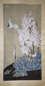 YU JIGAO, HAND PAINTING 'BIRDS FLOWERS' PAPER SCROLL