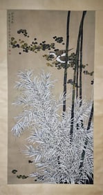 YU JIGAO, HAND PAINTING 'BIRDS FLOWERS' PAPER SCROLL