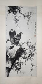 GAO JIANFU, HAND PAINTING 'TWO EAGLES' PAPER SCROLL