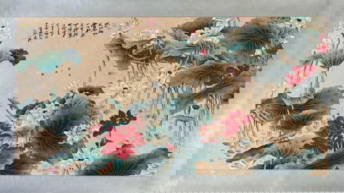 ZHANG DAQIAN, HAND PAINTING 'LOTUS FLOWERS' PAPER SCROLL