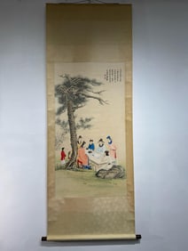 ZHANG DAQIAN, HAND PAINTING 'TALENTS PARTY' PAPER SCROLL