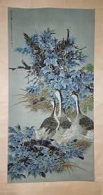 YU FEIYIN, HAND PAINTING 'BIRDS FLOWERS' PAPER SCROLL