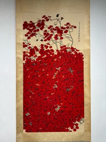 ZHANG DAQIAN, HAND PAINTING 'BIRDS FLOWERS' PAPER SCROLL