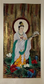 ZHANG DAQIAN, HAND PAINTING 'GUANYIN BUDDHA' PAPER SCROLL