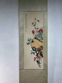 MEI LANFANG, HAND PAINTING 'BIRDS FLOWERS' PAPER SCROLL