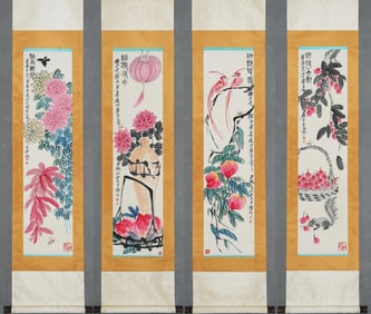 QI BAISHI, FOUR PANELS OF AUTUMN COLORS AND SOUNDS, HANGING SCROLL, FINE MOUNTING